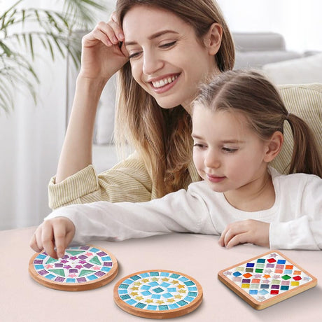 Adboros 8 Sets DIY Glass Mosaic Tiles for Crafts Mixed Color Mosaic Kits with Wooden Coaster for Adults Bamboo Coaster for Drinks Tray Handmade Home Decoration Adboros