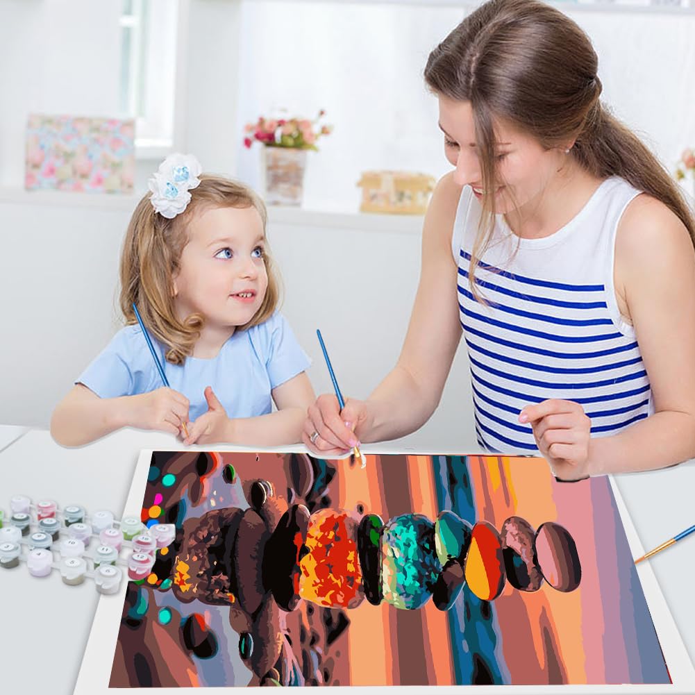 JUJUHOOD Sunset Beach Stone Paint by Numbers Beginner,Beach Scenery Paint by Number Kit for Adults, Adult Paint by Number Canvas with Paintbrushes and Acrylic Pigment16x20 inch,Sunset Beach Stone JUJUHOOD