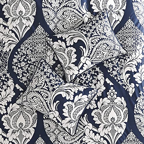 Madison Park Vienna Sateen Cotton Comforter Set, Breathable, Soft Cover, Trendy, All Season Down Alternative Cozy Bedding with Matching Shams, King, Indigo 7 Piece Madison Park