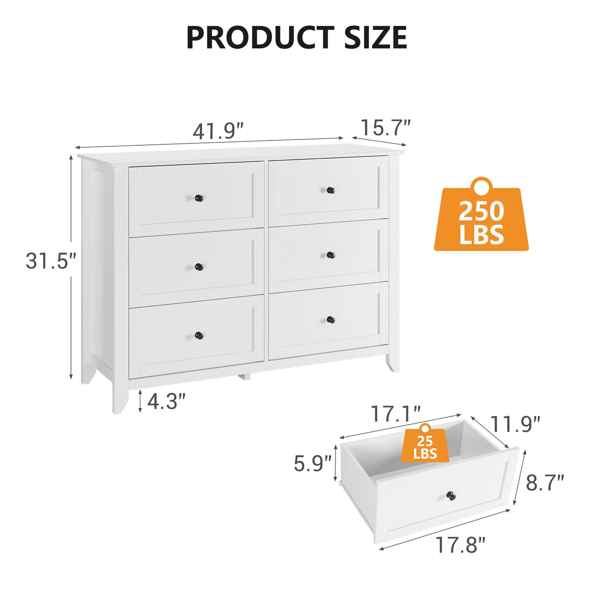 IDEALHOUSE White Dresser for Bedroom, Large 6 Drawer Dresser with Deep Drawers & Metal Knobs, Modern Wooden Double Chests of Drawers for Entryway, Hallway IDEALHOUSE