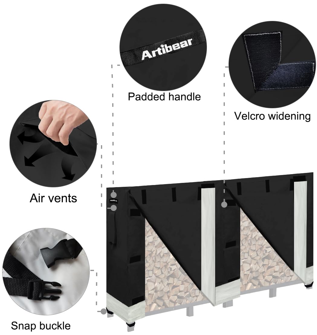 Artibear Firewood Rack Cover for 8FT Wood Rack, Indoor Outdoor Weatherproof Log Holder Rack Cover, Black (Frame not Include) Artibear