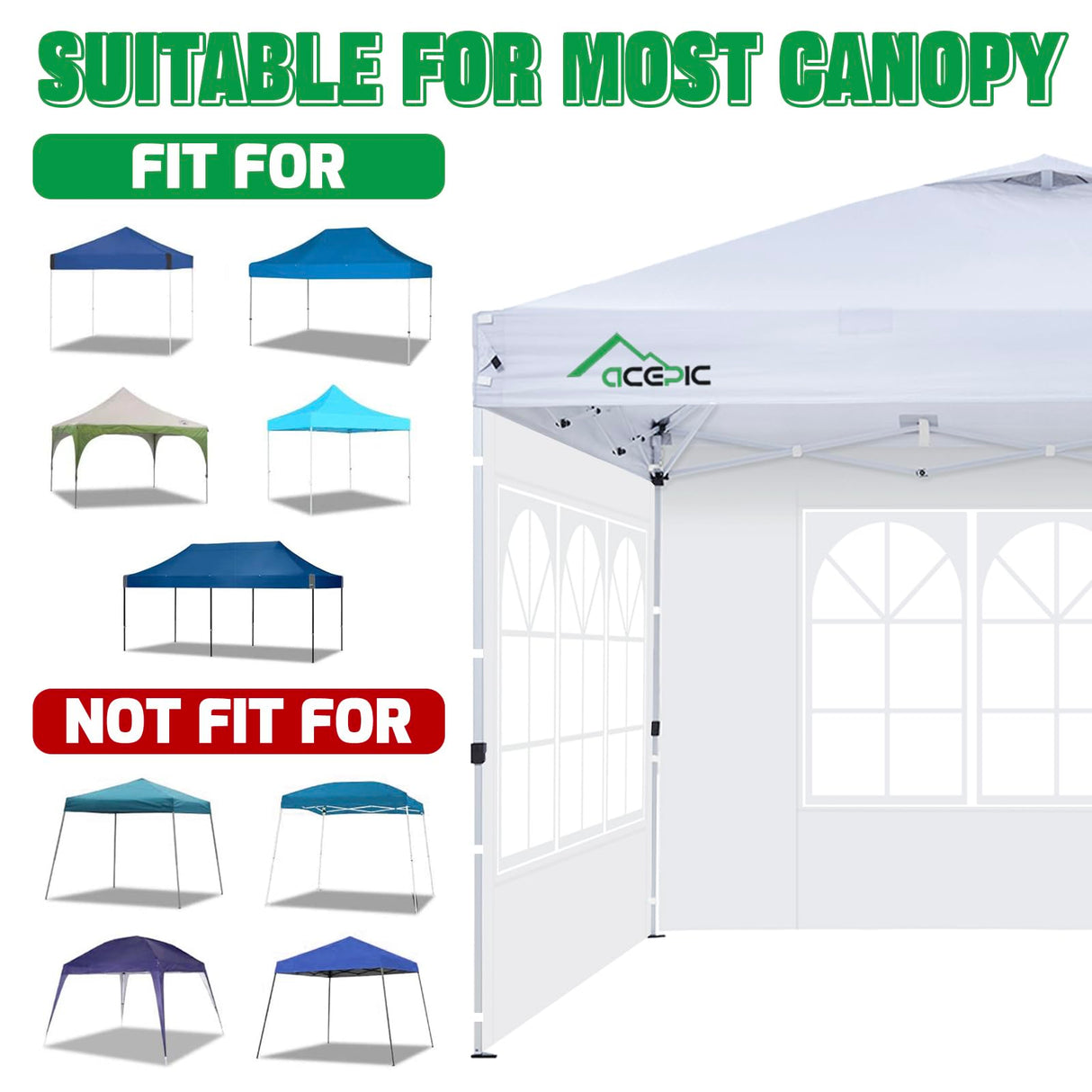 Acepic 3Pcs Instant Canopy Tent Sidewalls for 10x10 Pop-Up Canopy, Garden Gazebo, 210D Oxford Fabric Waterproof, White (Tent NOT Included) Acepic