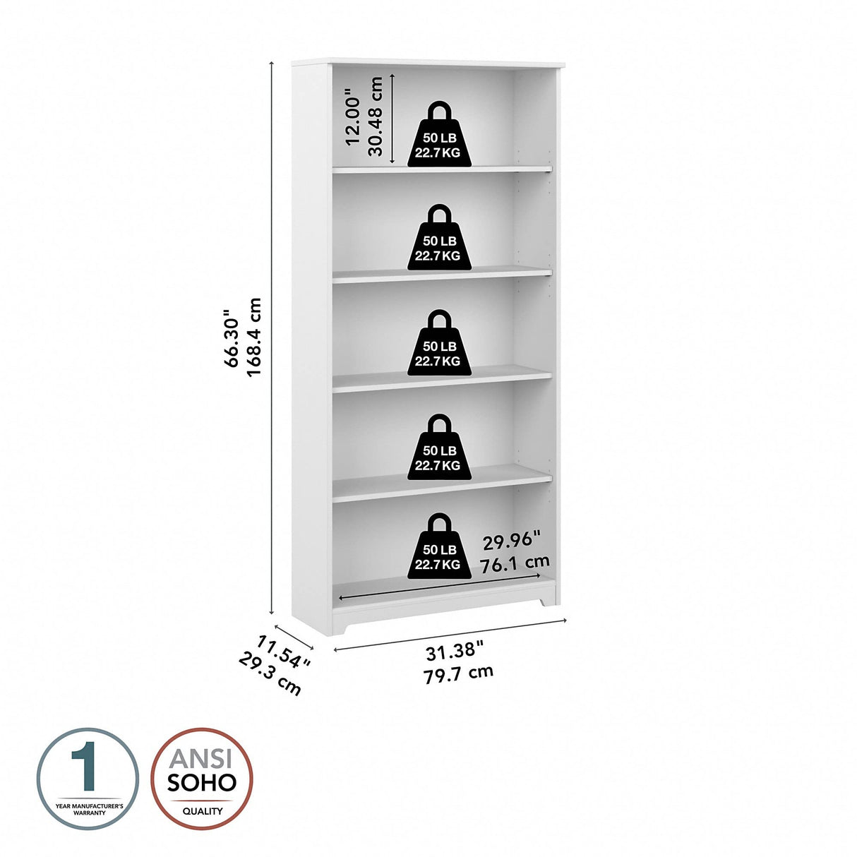 Bush Furniture Cabot Tall 5-Shelf Bookcase in White - Stylish Organizer for Home & Office Bush Business Furniture