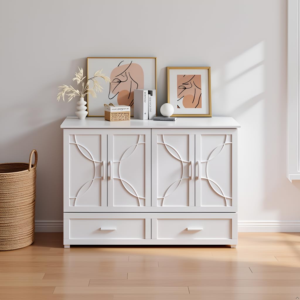 EDWINENE Queen Murphy Bed with Mattress Included, Murphy Bed Cabinet with Drawers and Charging Station for Small Spaces, Home Offices (Circular Pattern, White) EDWINENE