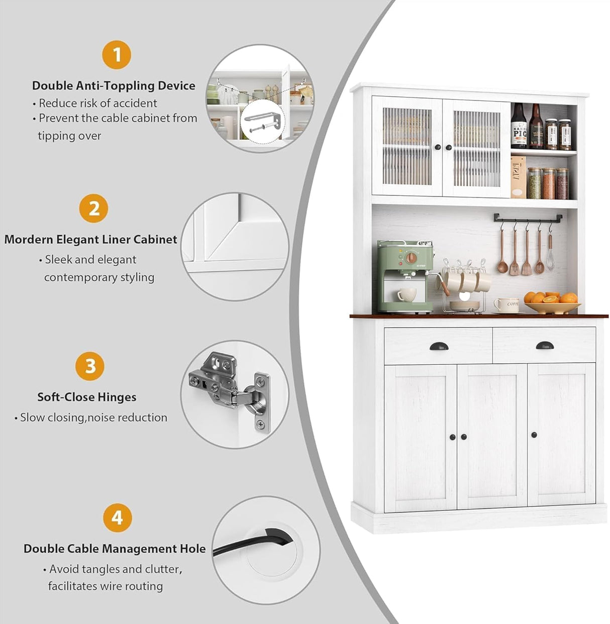 GarveeHome Kitchen Pantry Storage Cabinet, 71" Tall Wood Pantry with Microwave Stand, Modern Kitchen Hutch Cabinet, Coffee Bar Hutch with Wine Rack for Dining Room, Living Room, White GarveeHome