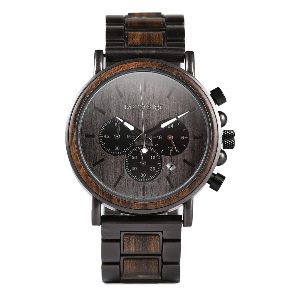 2win Mens Wooden Watches Luxury Stainless Steel Wood Watch for Men Chronograph Quartz Watches 2win