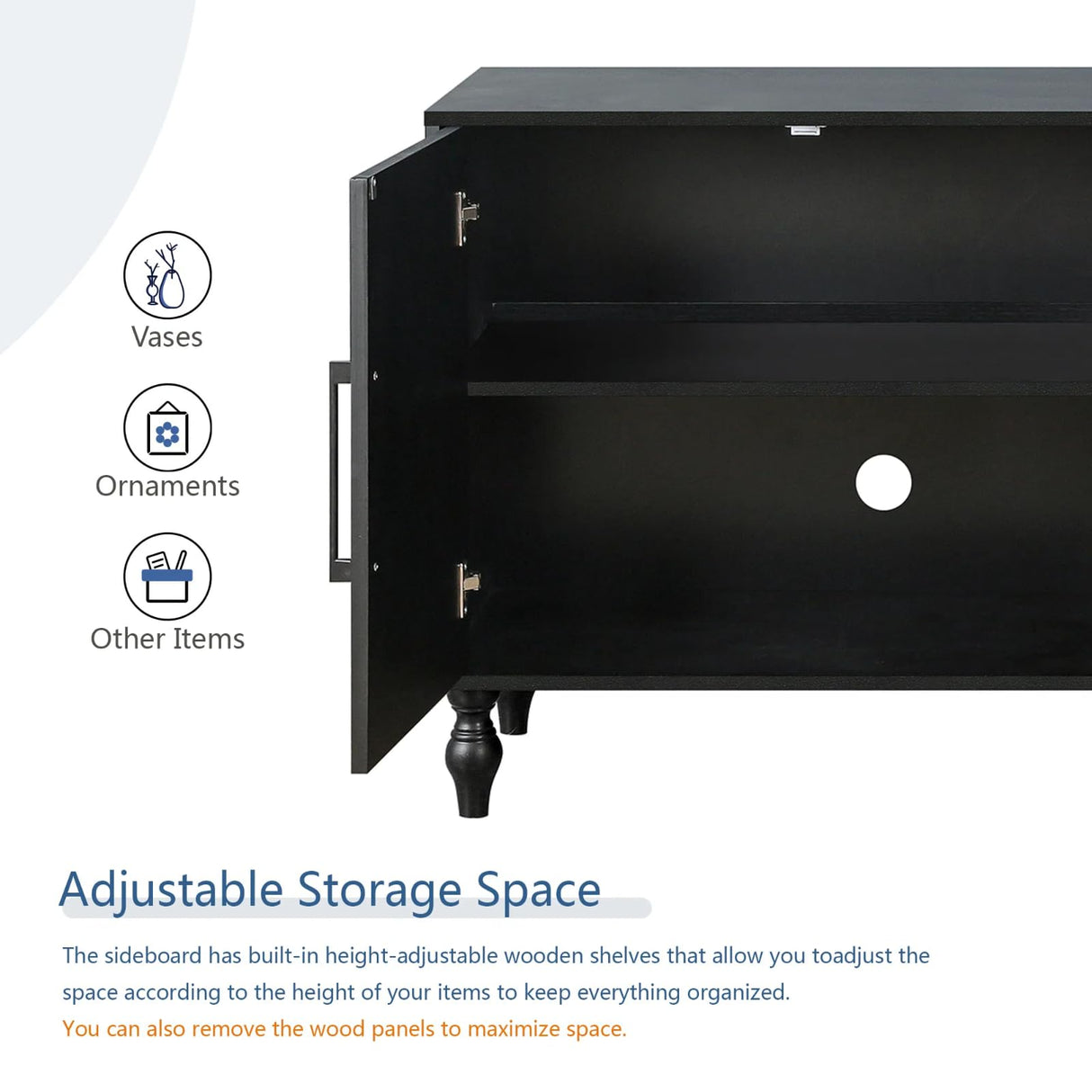 WILSHINE Sideboard Buffet Credenzas for Living Room, 63" Antique Black Entryway Table with Storage Accent Cabinet, Carved Flowers Doors & Wire Holes WILSHINE