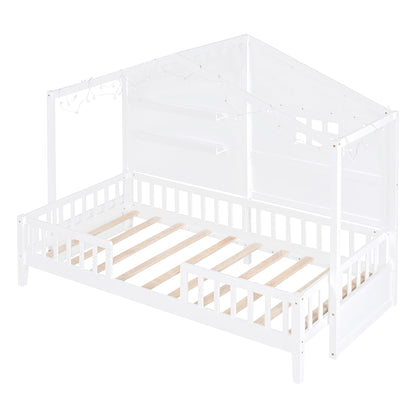 SOFTSEA Twin Size Low Loft House Bed with Shelves and Sparkling Light Stripe - WoodArtSupply