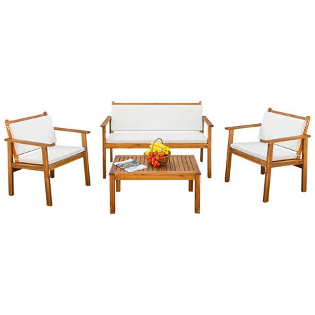 Devoko Patio Furniture 4 Piece Acacia Wood Outdoor Conversation Sofa Set with Table & Cushions Porch Chairs for Garden, Deck, Backyard, Natural Devoko