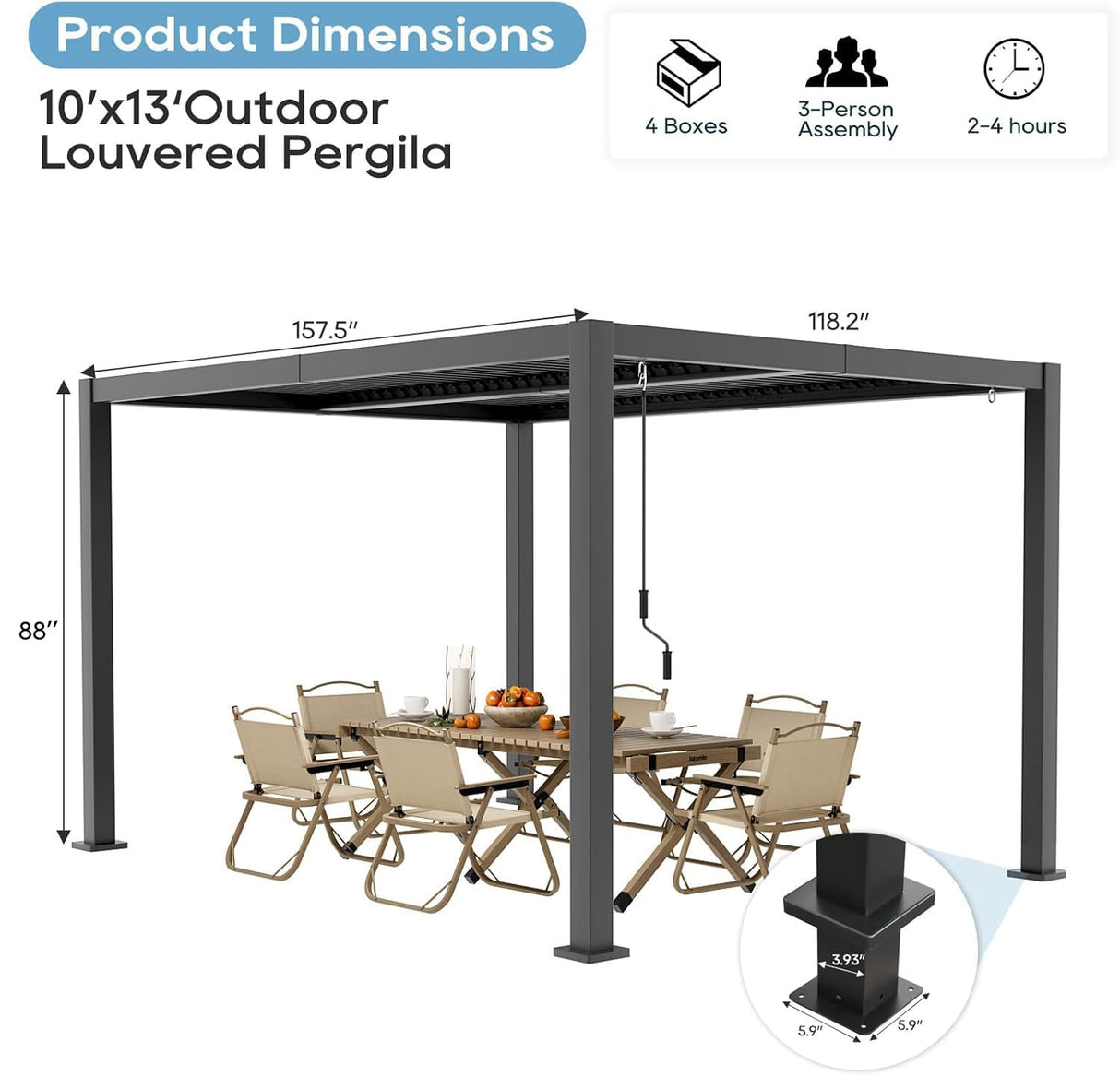 10' ×13' Outdoor Louvered Pergola, Aluminum Outdoor Louvered Pergola Patio with Adjustable Roof for Outdoor Deck (Black, 10x13) Sumshadow