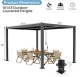 10' ×13' Outdoor Louvered Pergola, Aluminum Outdoor Louvered Pergola Patio with Adjustable Roof for Outdoor Deck (Black, 10x13) Sumshadow