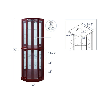 BELLEZE Lighted Corner Display Curio Cabinet Wooden Curved Shelving Unit with Tempered Glass Door, Bar and Liquor Storage Area with 6 Shelves - BELLEZE