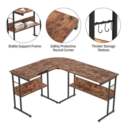 Knowlife Computer Desk L Shaped Desk 58 inch with Round Corner and Hooks Tiltable Desk for Small Space Brown - WoodArtSupply