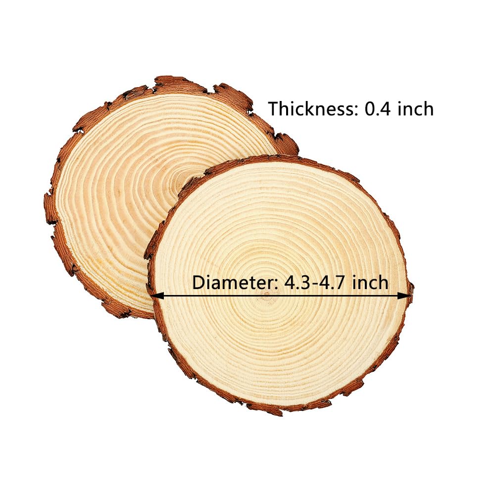 4.3-4.7 inch Unfinished Natural with Tree Bark Wood Slices 15 PCS Natural Round Discs Rustic Wood Slices for DIY Crafts, Table Base, Wedding Decoration,Coasters,Christmas Ornaments.