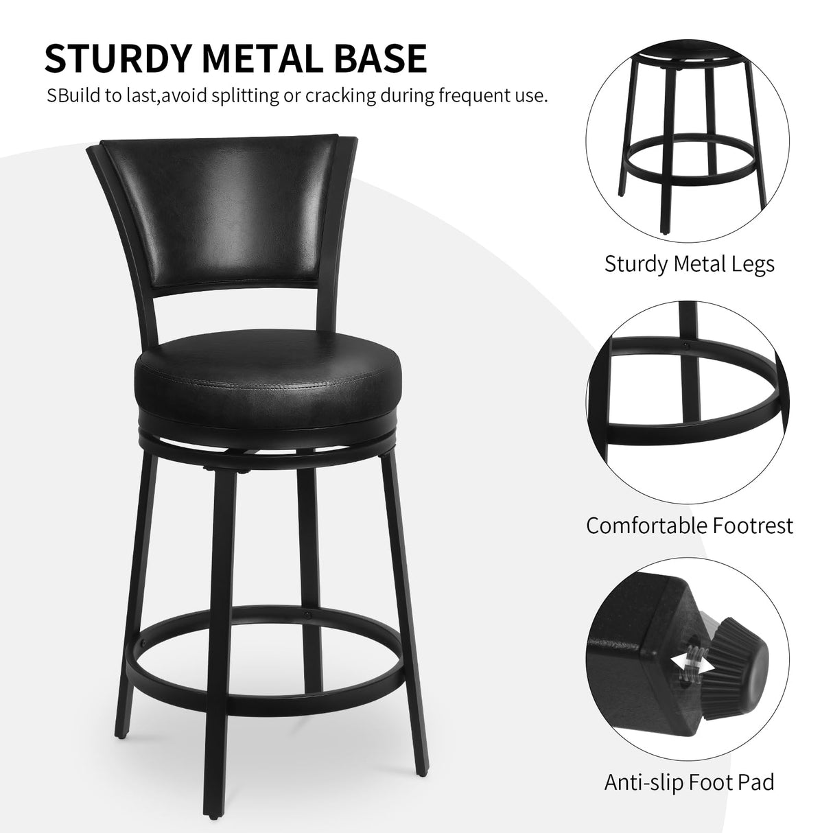 FLYZC Bar Stools, Counter Height Barstools Set of 2, 25" Faux Leather Metal Round Swivel Bar Chairs with Back, Modern Upholstered Counter Stools for Kitchen Island, Black FLYZC