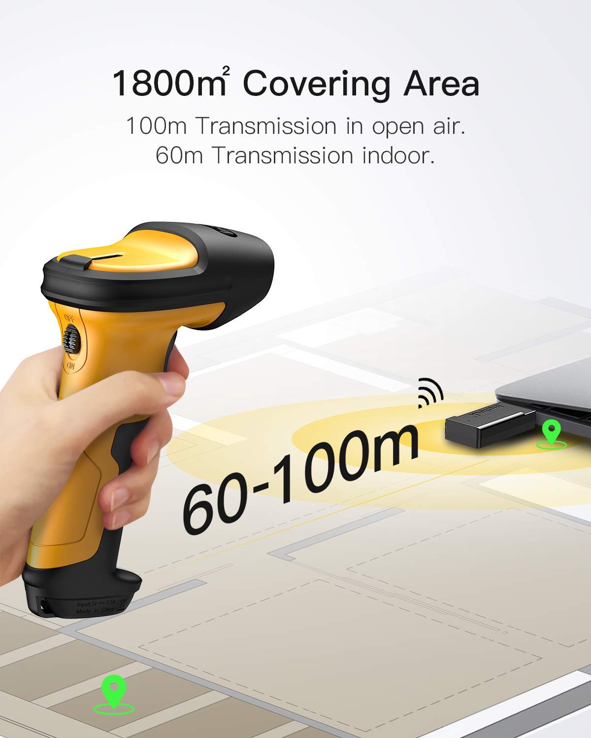 Inateck Barcode Scanner, Wireless Scanner, 2.4 GHz Adapter, 2600mAh Battery, 60M Range, Automatic Scanning, P6 Inateck