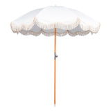 Funsite 6.5ft Boho Beach Umbrella with Fringe, UPF 50+ Tassel Umbrellas with Carry Bag, Premium Wood Pole Foldable Patio Umbrella for Outdoor Holiday Garden Lawn Pool Yard Table, White Funsite
