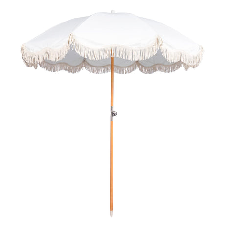 Funsite 6.5ft Boho Beach Umbrella with Fringe, UPF 50+ Tassel Umbrellas with Carry Bag, Premium Wood Pole Foldable Patio Umbrella for Outdoor Holiday Garden Lawn Pool Yard Table, White Funsite