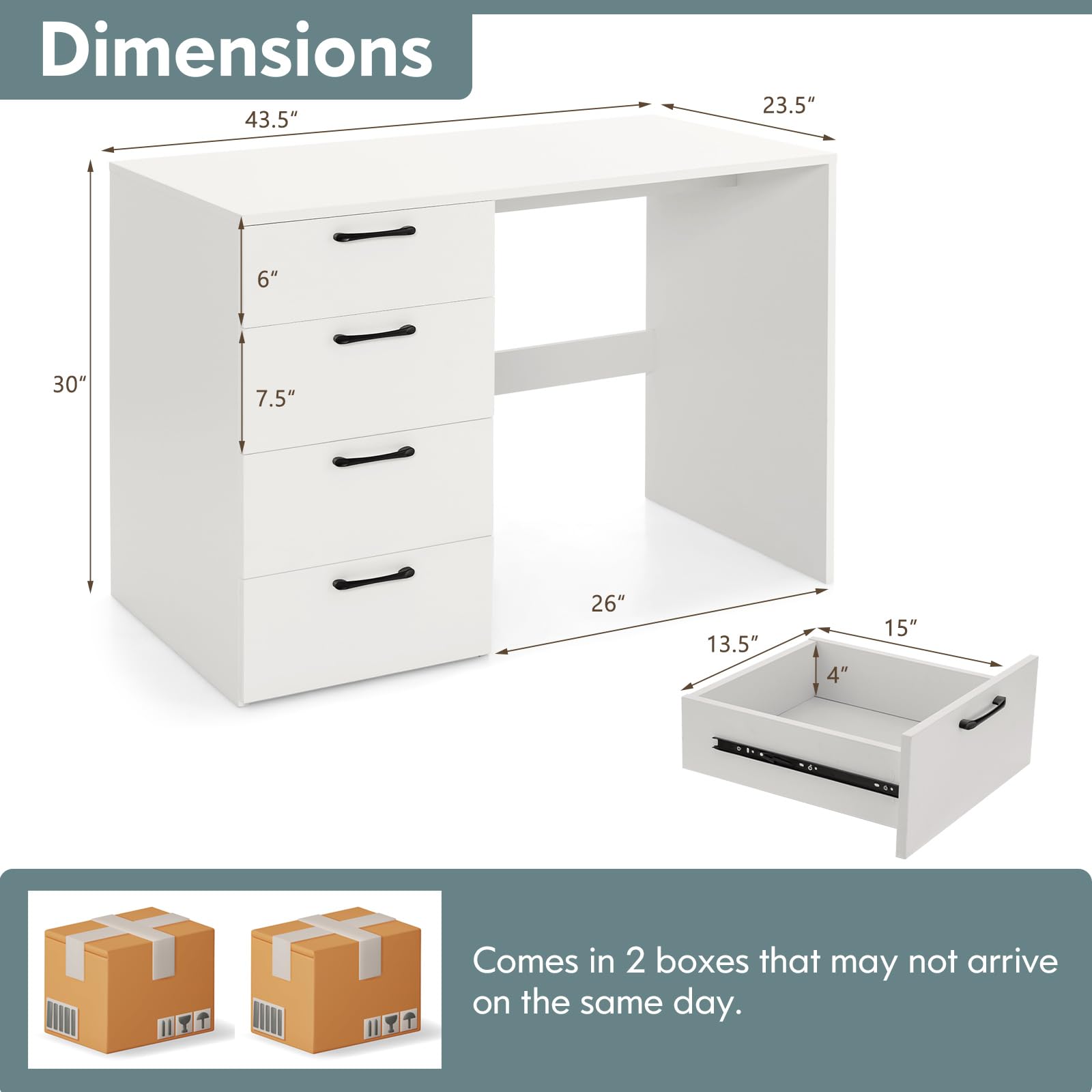 IFANNY White Computer Desk, 43.5’’ Writing Desk with 4 Large Drawers, Modern Executive Desk, Wood Vanity Table with Storage, Student Desk for - WoodArtSupply