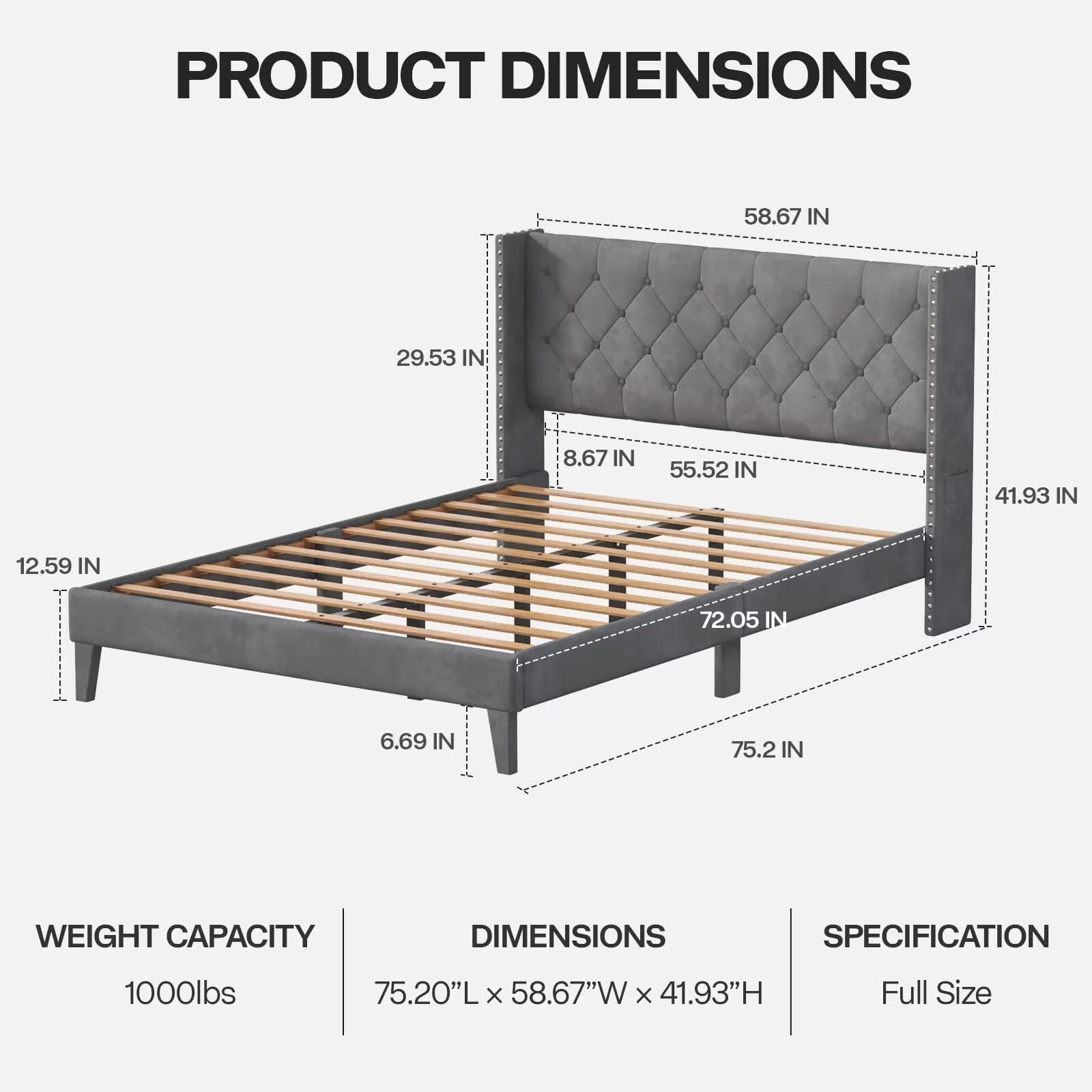 DOGIBIXO Grey Upholstered Bed Frame with LED Lights and Wingback Headboard, Easy Assembly, No Box Spring Needed - WoodArtSupply