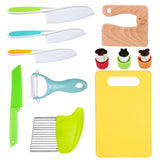RISICULIS 11 Pieces Wooden Kids Kitchen Knife, Kids Knife Set Include Wood Kids Knife, Serrated Edges Plastic Toddler Knife, Crinkle Cutter, Sandwich Cutter, Y Peeler, Cutting Board RISICULIS