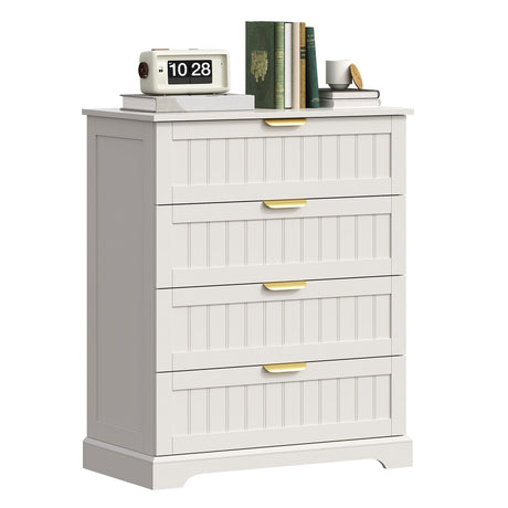 ELUREVIA 4 Wooden Drawer Dresser for Bedroom Storage, Modern Farmhouse Wood Chest of Drawers with Metal Handles, Wide Storage, Cabinet for Closet, Living Room, or Entryway White ELUREVIA
