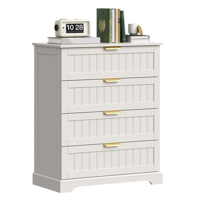 ELUREVIA 4 Wooden Drawer Dresser for Bedroom Storage, Modern Farmhouse Wood Chest of Drawers with Metal Handles, Wide Storage, Cabinet for Closet, Living Room, or Entryway White