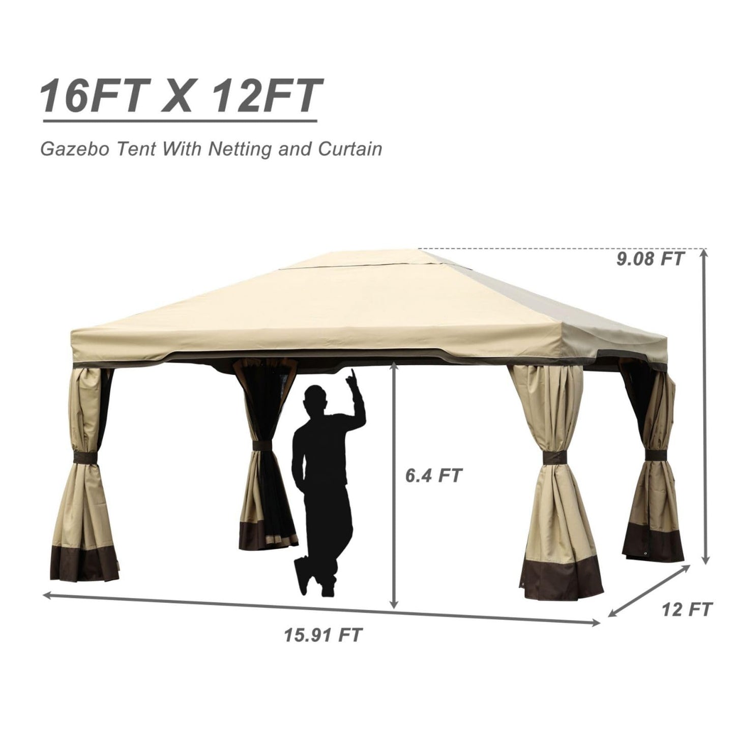 BPS 16 x 12 ft. Outdoor Gazebo Tent Canopy Shelter, Aluminum Frame with Privacy Curtain and Netting, for Patio Garden Yard and Lawn - Brown