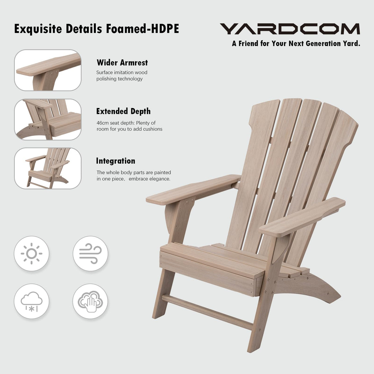 YARDCOM Adirondack Chair, 110°Ergonomics Plastic Extra Tall Adirondack Chairs, HDPE All-Weather Plastic Patio Outdoor Chair, High Foamed Polyethylene Fire Pit Chair(Natural) YARDCOM