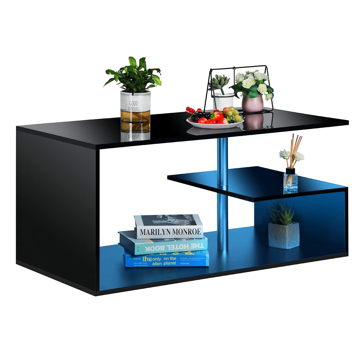 HOMMPA LED Coffee Tables for Living Room Modern Black Coffee Table with 3 Tiers Open Storage Shelf High Gloss Center Table Sofa Tea Table with LED Lights for Home Office Furniture Black HOMMPA