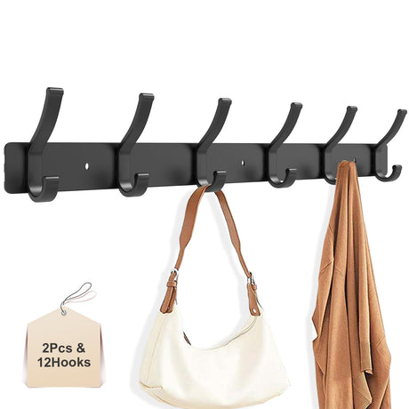 Infixtree 2 Pack Coat Rack Wall Mount, All Metal Wall Hooks for Hanging, Wall Hat Rack with 6 Dual Hooks, Black Coat Hooks for Hat Towel Purse Backpack Baseball Cap Infixtree