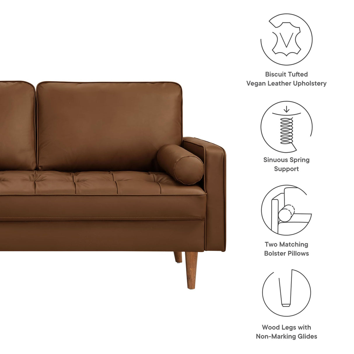 Modway Valour 62 Inch Faux Leather Loveseat in Brown – Wide Faux Leather Loveseat Sofa with Wood Legs - Small 2-Seater Sofa with Tufted Seat for Living Room or Office Modway