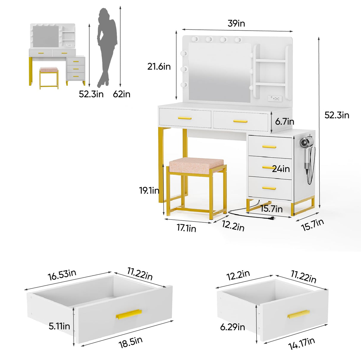 Semiocthome Makeup Vanity Desk with Mirror and Lights, Make Up Vanity Table Set with Power Outlet, Shelves and 5 Drawers, 3 Lighting Modes & Adjustable Brightness Dressing Table with Chair - White Semiocthome