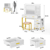 Semiocthome Makeup Vanity Desk with Mirror and Lights, Make Up Vanity Table Set with Power Outlet, Shelves and 5 Drawers, 3 Lighting Modes & Adjustable Brightness Dressing Table with Chair - White Semiocthome