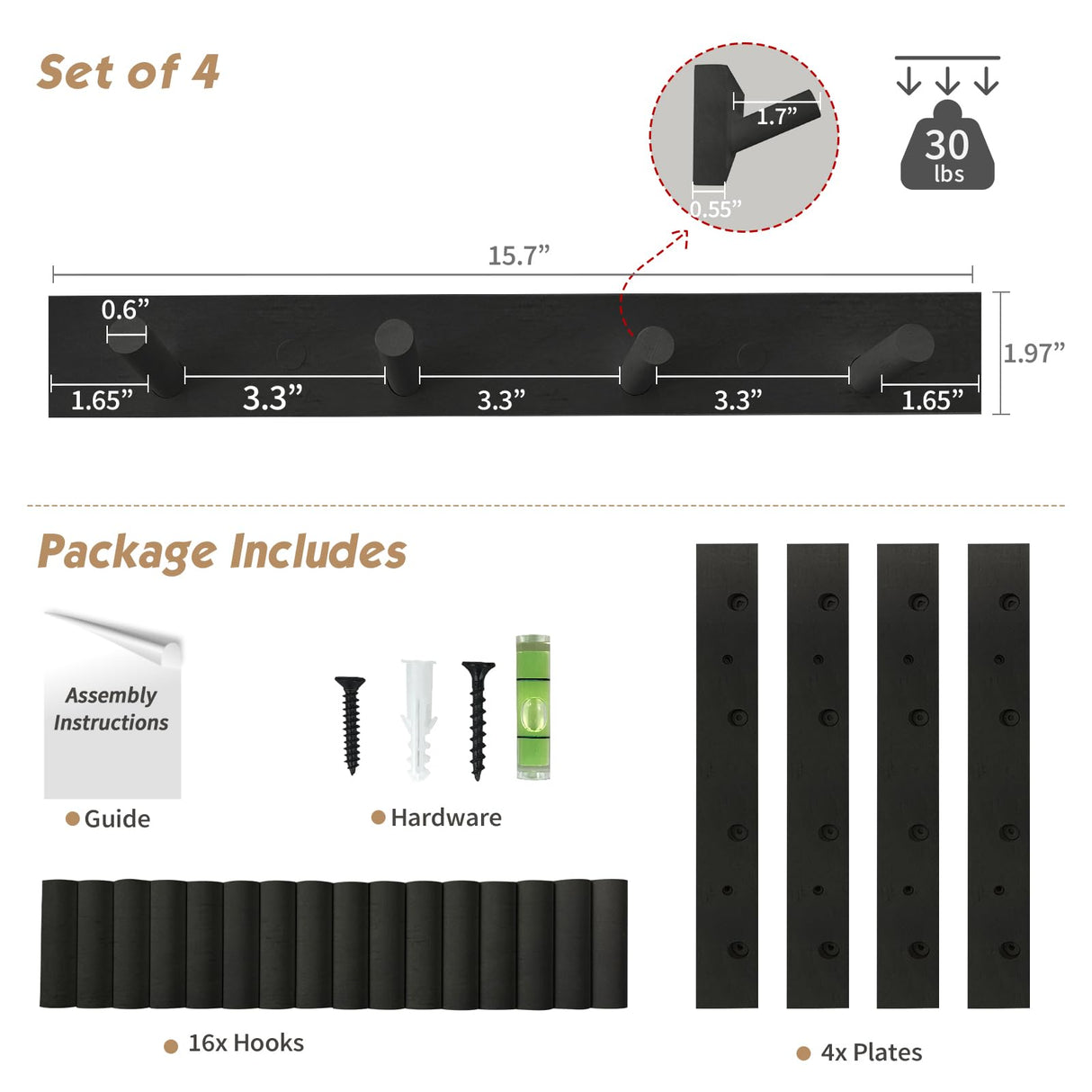 Forbena Black Coat Rack Wall Mount 4-Pack, Rustic Farmhouse Coat Hooks for Wall, Vertical Hanging Hat Rack for Office, Bedroom, Closet, Small Spaces, Kids Room Clothes, Entryway Shoes - 16 Pegs Forbena