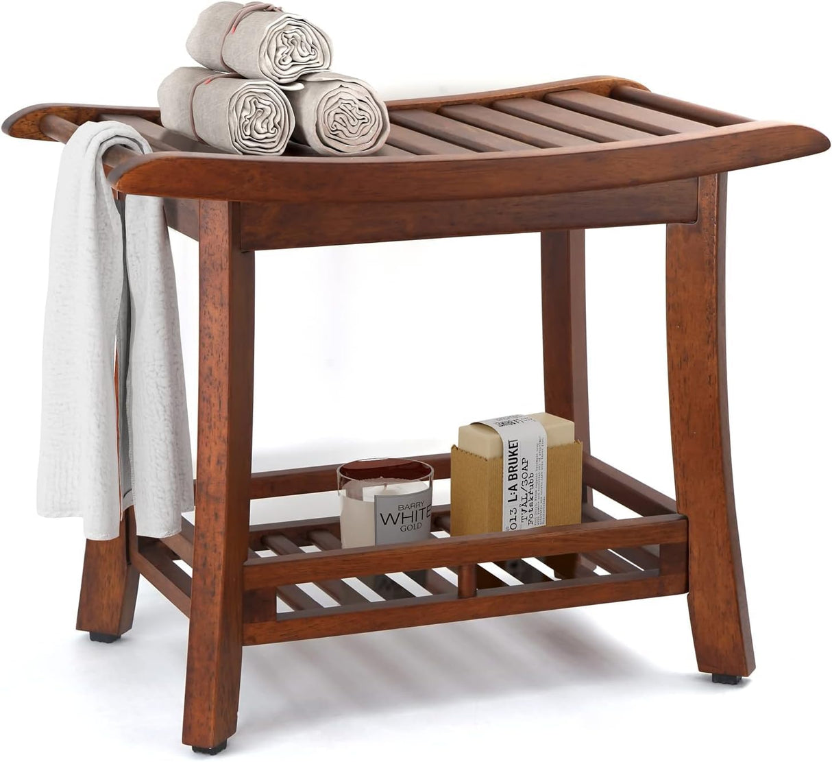 RANDEFURN 24“ Teak Shower Bench with Shelf,Teak Wood Shower Stool,Waterproof Wood Shower Chair for Elderly,2-Tier Wooden Shower Seat Spa Stool for Indoor and Outdoor Use.(24 x 13.4 x 18.3in, Brown) RANDEFURN
