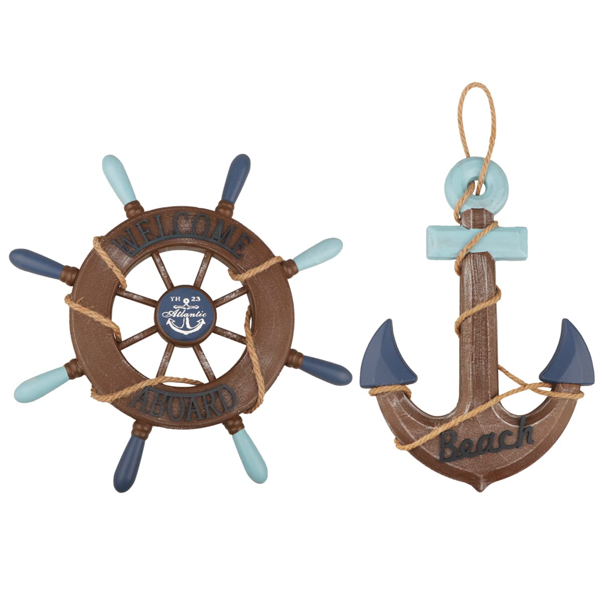 2 Pack 13" Nautical Beach Wooden Ship Wheel and 13" Wooden Anchor with Rope Nautical Boat Steering Wheel Rudder Anchor Wall Art Decor Door Hanging Ornament Beach Theme Home Decoration(Retro Brown) Meching