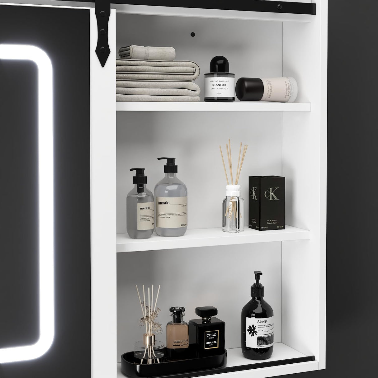 FUNISIR Mirror Medicine Cabinet Wall Mounted, 35.4" x 27.6" Bathroom Lighted Mirror Medicine Cabinet with Farmhouse Sliding Barn Door, Makeup Vanity Mirror with Defogger, Dimmer, Storage FUNISIR