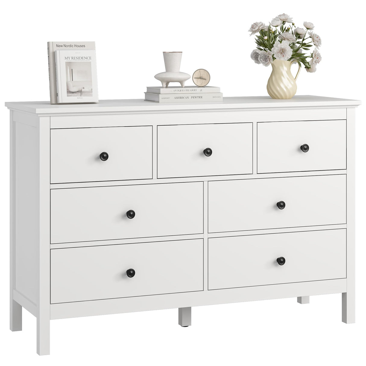 LYNSOM White Dresser for Bedroom, 7 Wide Drawer Deep Dresser with Metal Handles, Wood Dressers & Chests of Drawers for Hallyway, Entryway LYNSOM