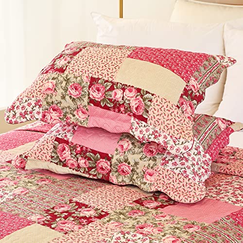 Cmfshape Summer Floral Queen Quilted Bedspread,Romantic Pink Quilt Set Full,Reversible Stitched Bedding Set All Season,Soft Lightweight Coverlet with Pillow Cases (Hot Pink&Rose, Queen90 x90) Cmfshape