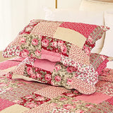Cmfshape Summer Floral Queen Quilted Bedspread,Romantic Pink Quilt Set Full,Reversible Stitched Bedding Set All Season,Soft Lightweight Coverlet with Pillow Cases (Hot Pink&Rose, Queen90 x90) Cmfshape