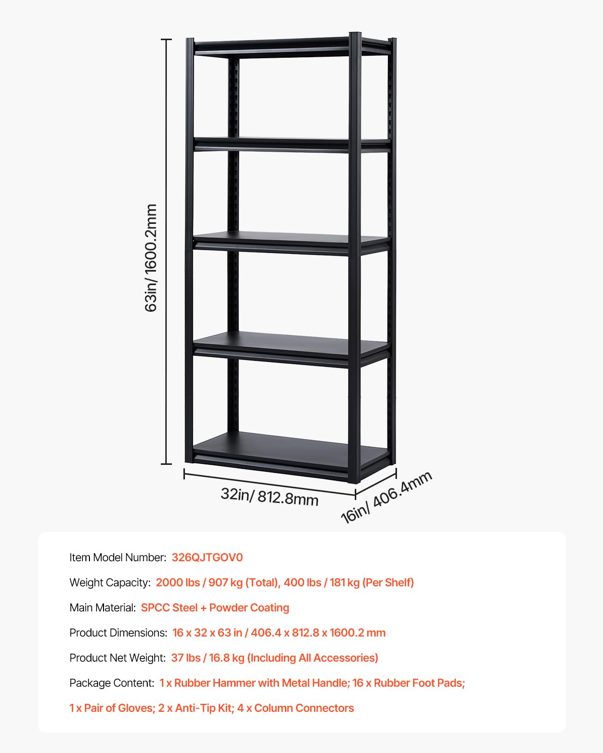 VEVOR Storage Shelves, 2000 lbs, 5 Tier Garage Storage Shelving, 16" D x 32" W x 63" H Adjustable Metal Shelves for Garage Shelves Utility Rack Shelf, Ideal for Kitchen, Warehouse, Basement, Black VEVOR