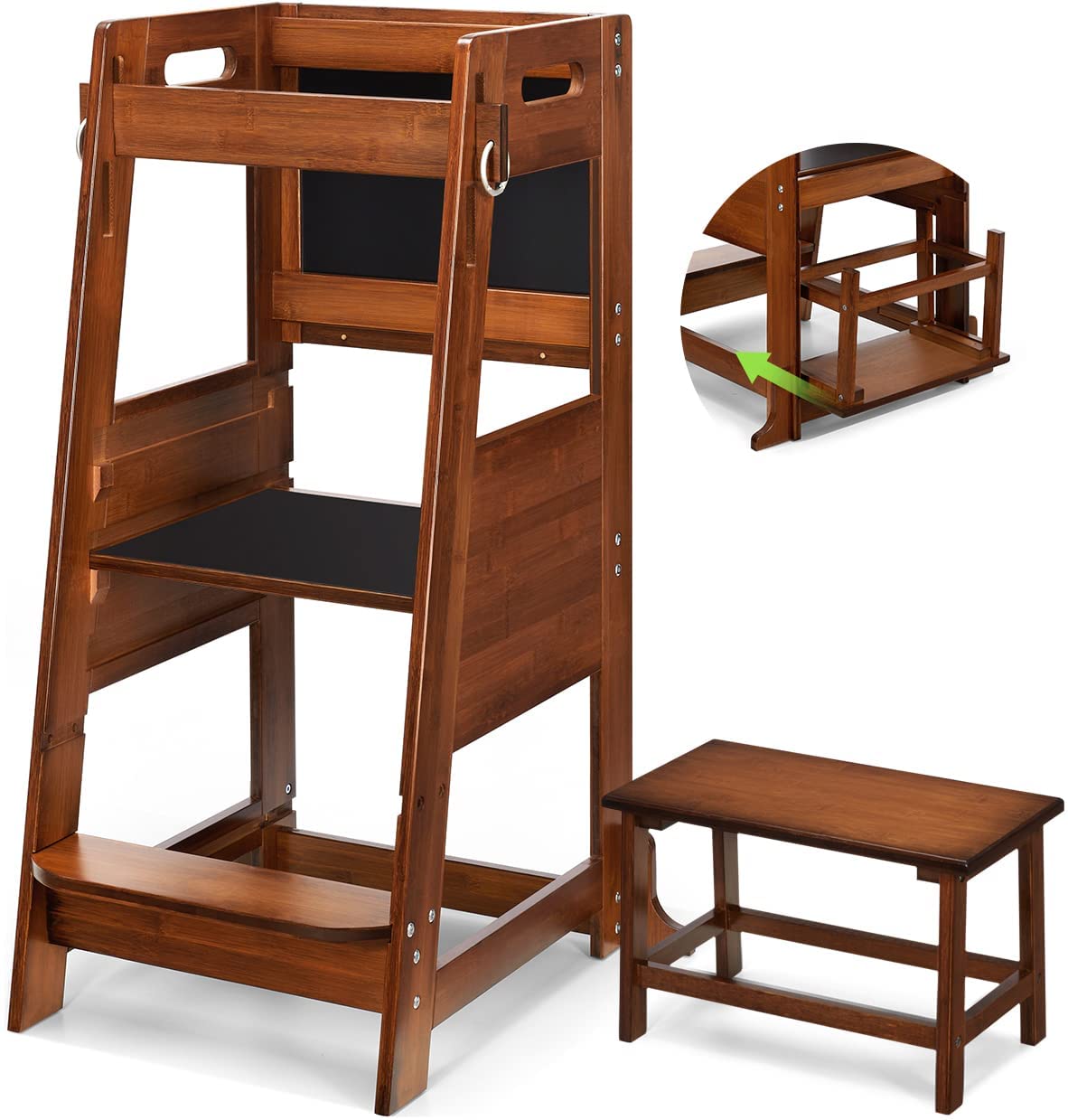 TOETOL Bamboo Toddler Step Stool Learning Kitchen Stool Standing Tower for Toddler Kitchen Counter Helper Stool 3 Height Adjustable with Activity Chalkboard and Whiteboard Message Boards,Non-Slip Mat TOETOL