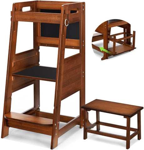 TOETOL Bamboo Toddler Step Stool Learning Kitchen Stool Standing Tower for Toddler Kitchen Counter Helper Stool 3 Height Adjustable with Activity Chalkboard and Whiteboard Message Boards,Non-Slip Mat TOETOL