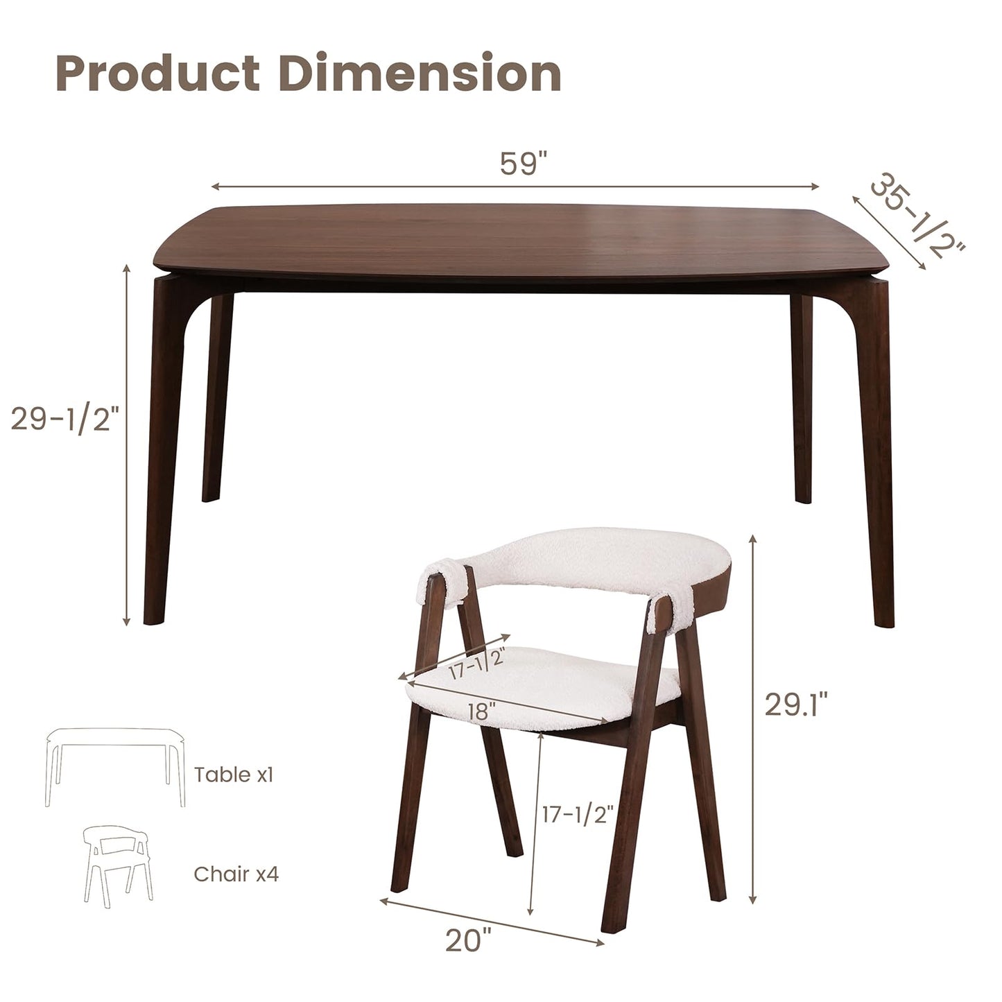 CONSDAN Dining Table Set for 4-6, Includes 1 Table & 4 Chairs, Walnut Veneer Top, Solid Wood Frame, Natural Wood Grain, Easy Assembly, Modern Design - WoodArtSupply