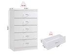HODEDAH 5 Drawer Wood Dresser for Bedroom, Chest of Drawers with Metal Rails for Support when Storing Clothing, White Hodedah