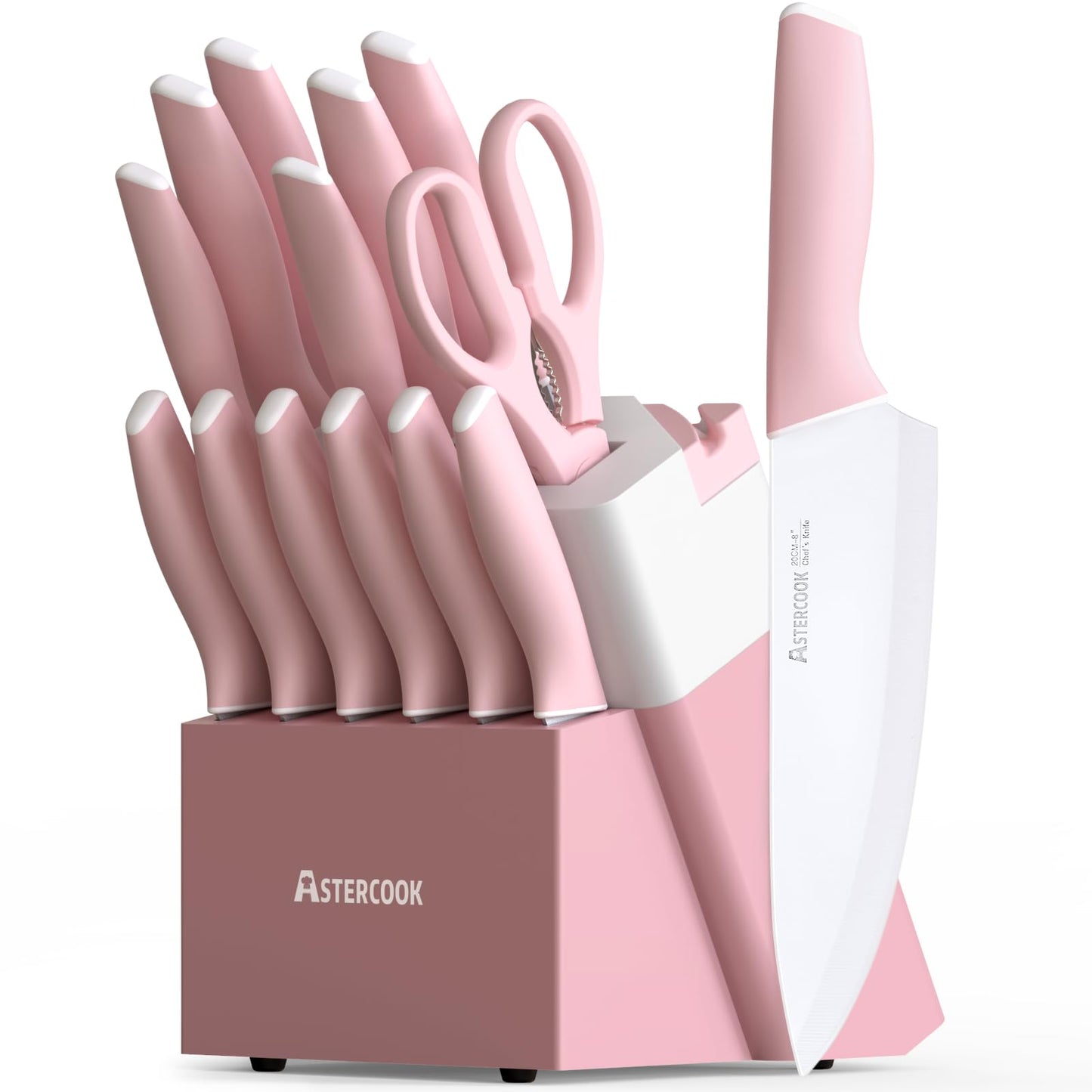 Astercook Knife Set, Kitchen Knives Set with Block and Sharpener Ceramic Coating 15 Pcs German Stainless Steel Knives Sharp Blade Dishwasher Safe Knife Block Set with Ergonomic Handle, Crystal Pink