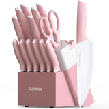 Astercook Knife Set, Kitchen Knives Set with Block and Sharpener Ceramic Coating 15 Pcs German Stainless Steel Knives Sharp Blade Dishwasher Safe Knife Block Set with Ergonomic Handle, Crystal Pink Astercook