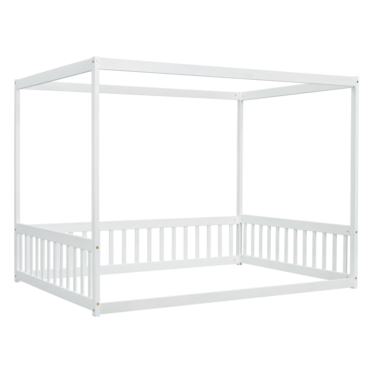 Full Size Canopy Bed Frame with Guardrails for Kids,Floor Bed Full with Four Poster Design,Kids Montessori Floor Bed,Wood Canopy Bed Frame for Girls,Boys(Full,White) Bellemave