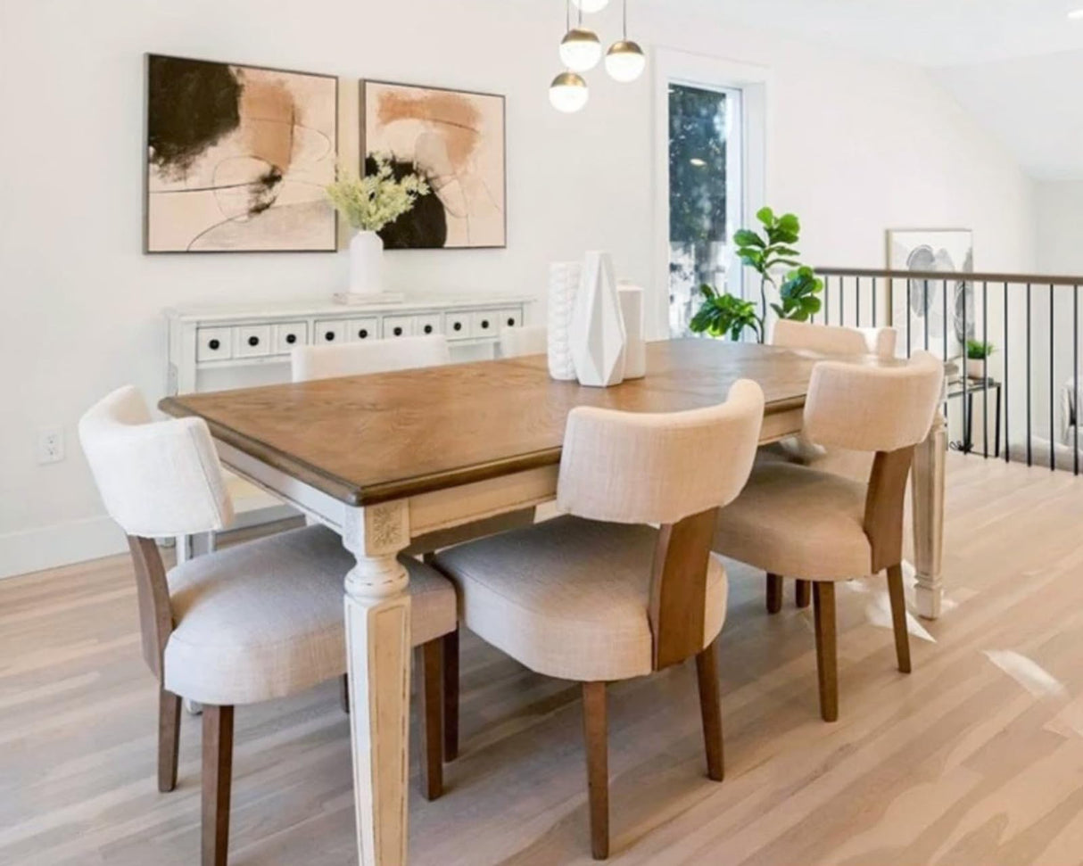 HNY Mid Century Modern Dining Chairs Set of 6, Farmhouse Linen Fabric Upholstered Accent Curved Backrest Kitchen Chairs, with Hardwood Frame, Beige, Linen HNY